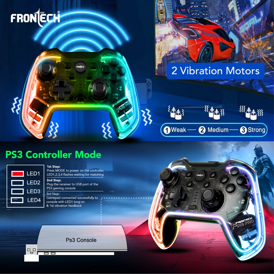 Frontech Fire Pro Wireless Gaming Pad | 2.4GHz, Dual Vibration, RGB | PS3/PC/Android TV (GP-0002) Frontech Fire Pro Wireless Gaming Pad | 2.4GHz, Dual Vibration, RGB | PS3/PC/Android TV (GP-0002)